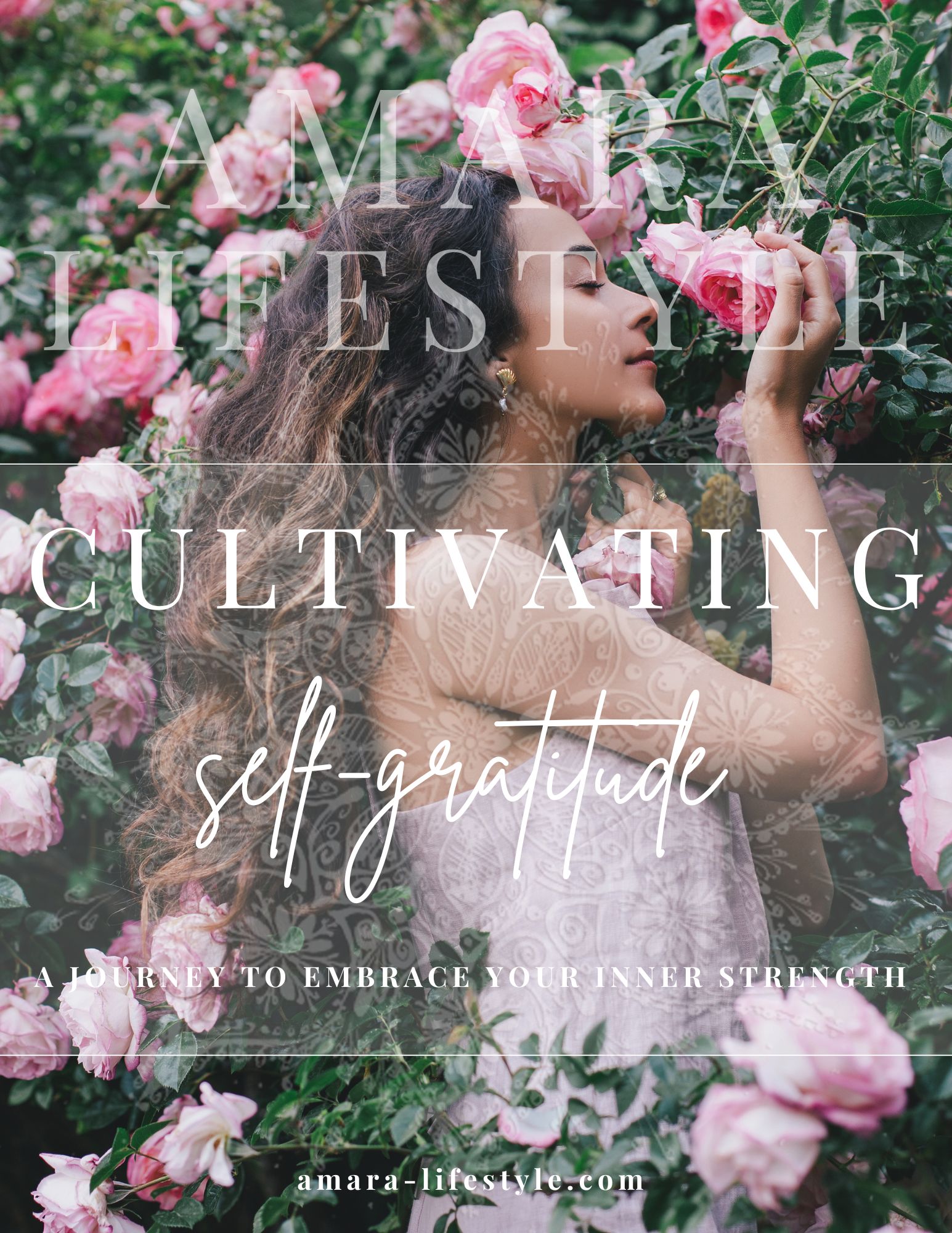 Cultivating Self-Gratitude: A young woman smelling pink roses, symbolizing self-reflection and the practice of honoring inner strength and growth.