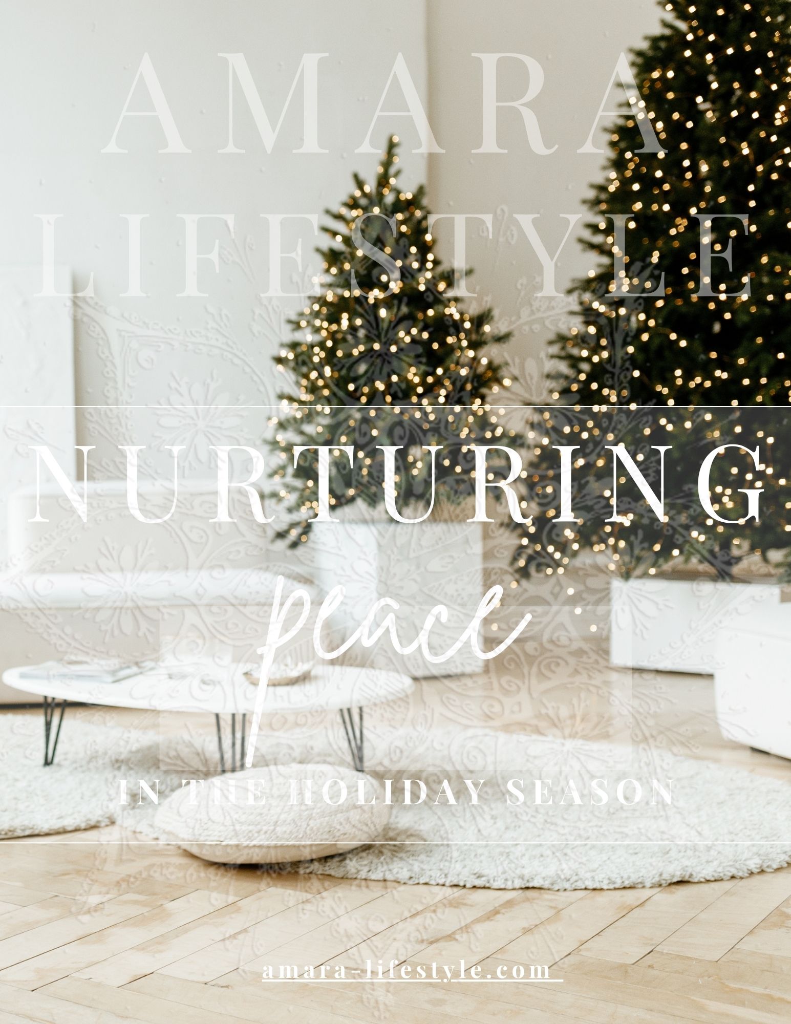 A minimalist holiday setting featuring a large tree and small trees with white lights, natural light illuminating the room, and simple white furnishings, symbolizing the power of small, conscious choices for a peaceful holiday season.