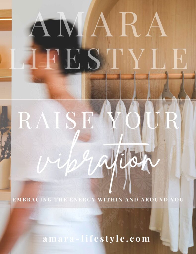 Blurry image of a woman walking through a boutique with specialty clothing and energy-raising items, representing her elevated vibration.